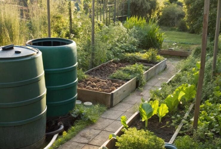 Jardim sustentável com diversas plantas e ferramentas ecológicas
