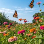 Jardim colorido com flores em diferentes estágios de floração e borboletas voando