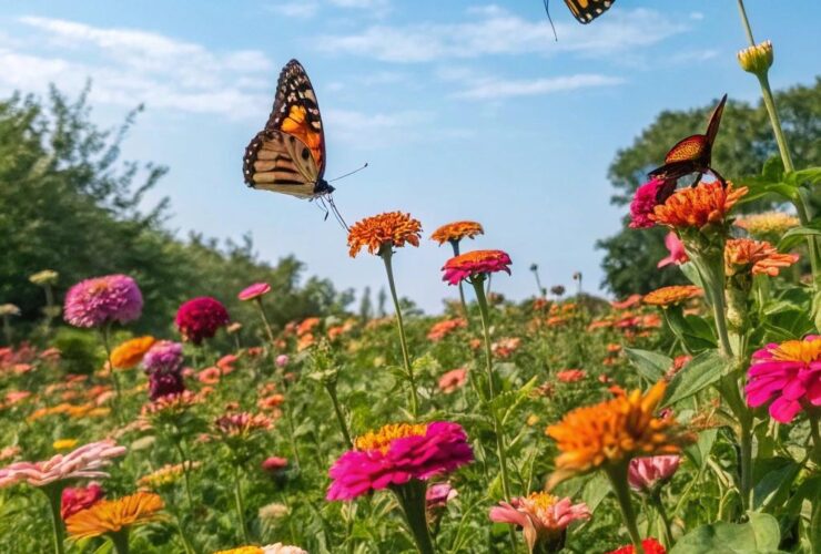 Jardim colorido com flores em diferentes estágios de floração e borboletas voando