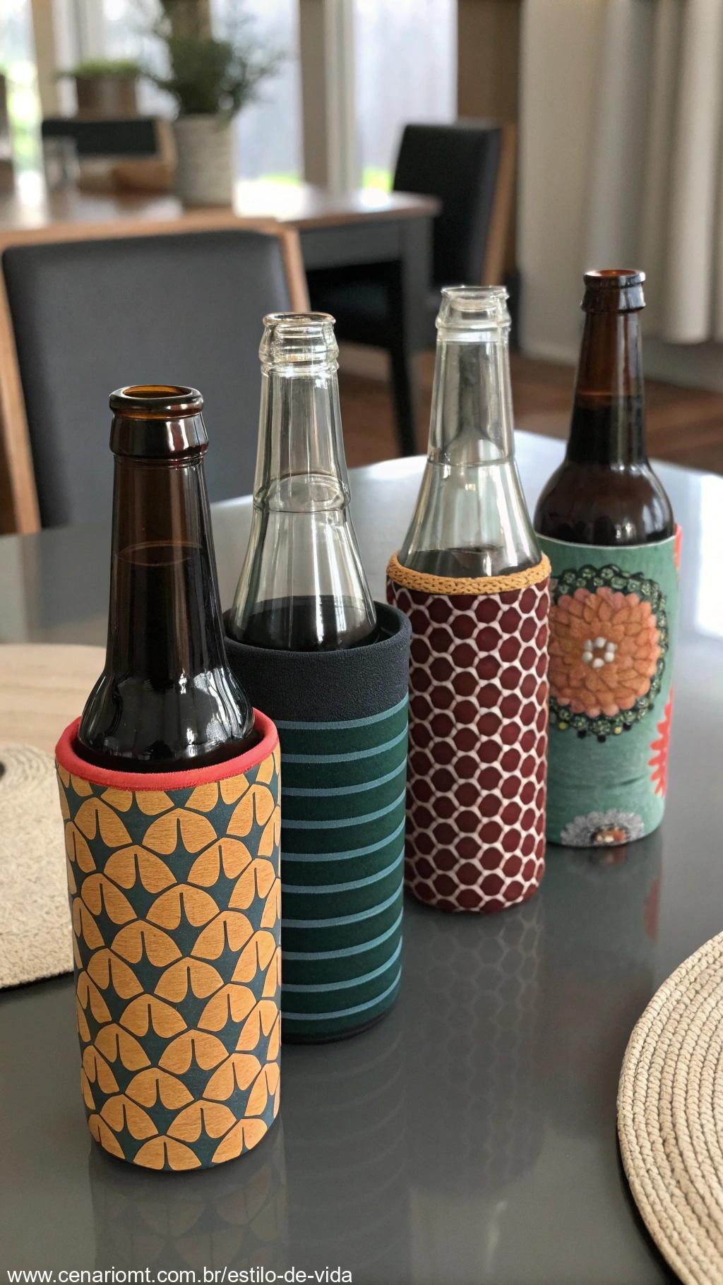 Garrafas de vidro reaproveitadas como copos, com designs criativos em várias cores e texturas, sobre uma mesa de jantar com estética moderna.