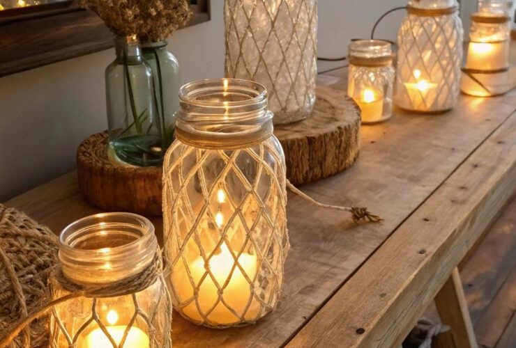 Luminárias artesanais feitas com frascos de vidro decorando uma mesa rústica