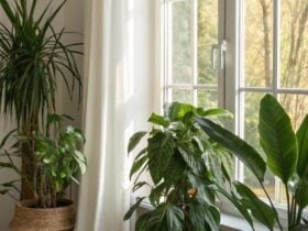 Ambiente interno tranquilo com diversas plantas verdes organizadas de forma elegante
