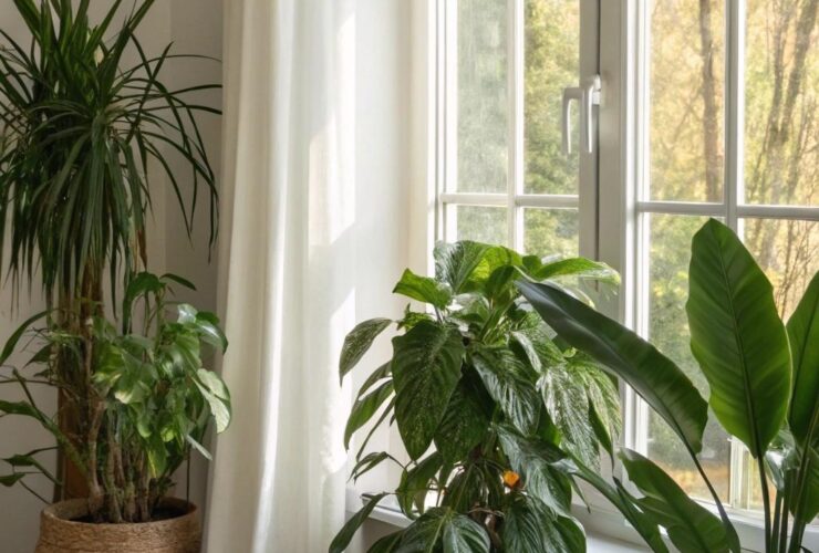 Ambiente interno tranquilo com diversas plantas verdes organizadas de forma elegante