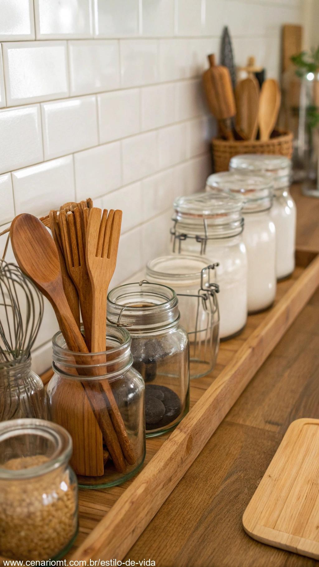 Potes de vidro usados como suporte para utensílios de cozinha.