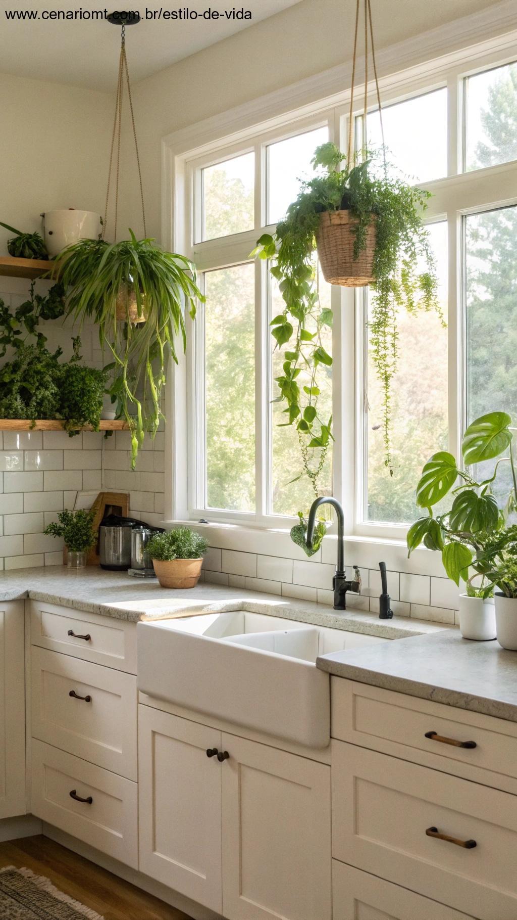 Use plantas suspensas na cozinha, adicionando vegetação acima das bancadas ou nas janelas, iluminando o espaço da cozinha.