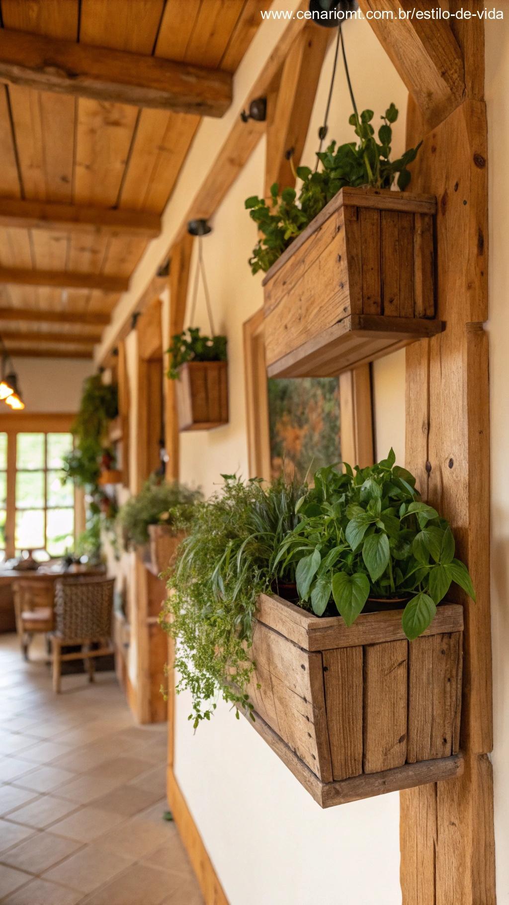 Crie uma atmosfera rústica pendurando plantas em vasos de madeira, dispostos em um ambiente aconchegante e inspirado no campo.