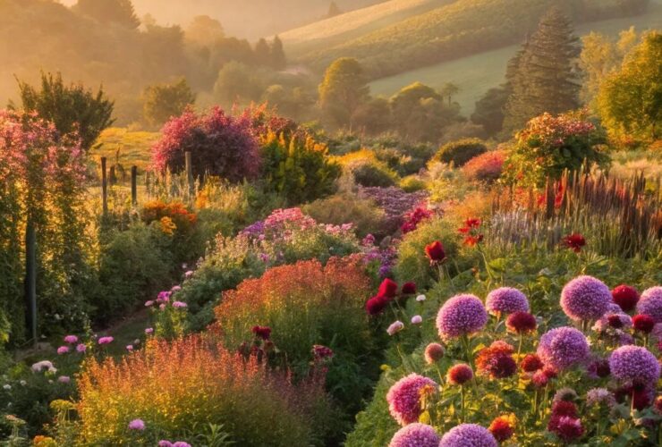 Jardim colorido com treze flores exóticas sob luz suave