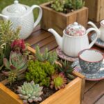 13 plantinhas em recipientes inusitados, como bules e caixotes de madeira