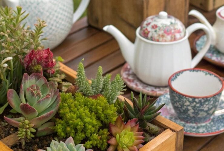 13 plantinhas em recipientes inusitados, como bules e caixotes de madeira