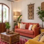 Sala moderna com cores vivas equilibradas na decoração