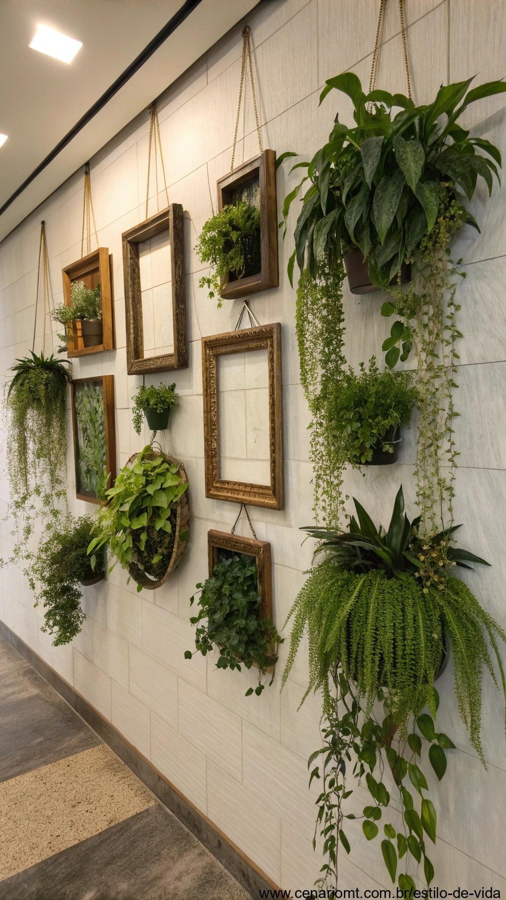 Pendure plantas em molduras, transformando-as em peças de arte vivas exibidas na parede, mostrando uma forma criativa e única de usar plantas.