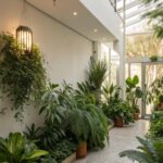 Jardim interno com várias plantas resistentes à sombra
