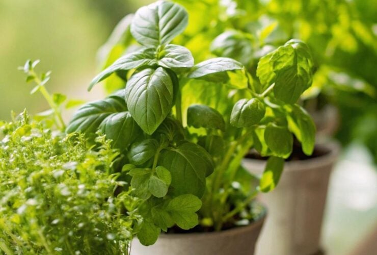 Diversos temperos frescos plantados em pequenos vasos em uma janela ensolarada