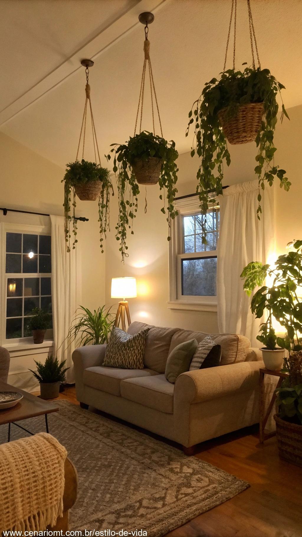 Adicione plantas suspensas em salas de estar, mostrando uma sala aconchegante e convidativa com plantas penduradas no teto para adicionar calor e personalidade.