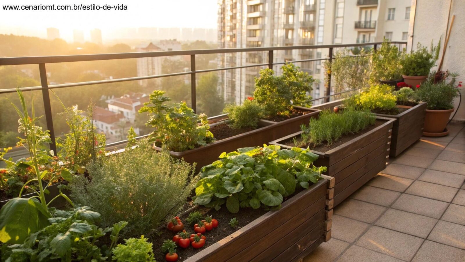 Horta em varanda com plantas diversas em vasos pequenos