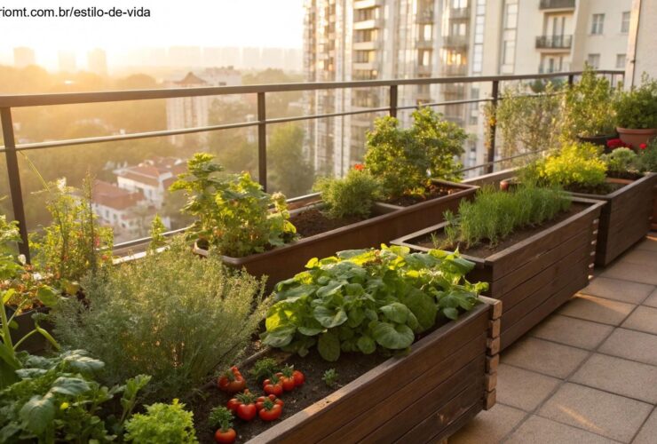 Horta em varanda com plantas diversas em vasos pequenos