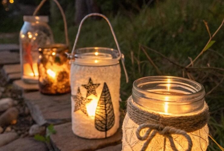 Lanternas artesanais feitas com frascos de vidro iluminando o ambiente