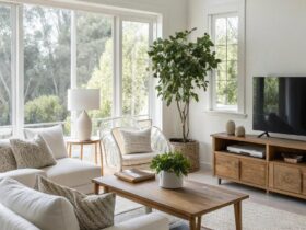 Sala de estar moderna e perfeitamente limpa com móveis minimalistas