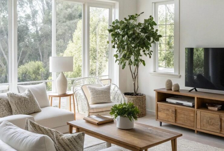 Sala de estar moderna e perfeitamente limpa com móveis minimalistas
