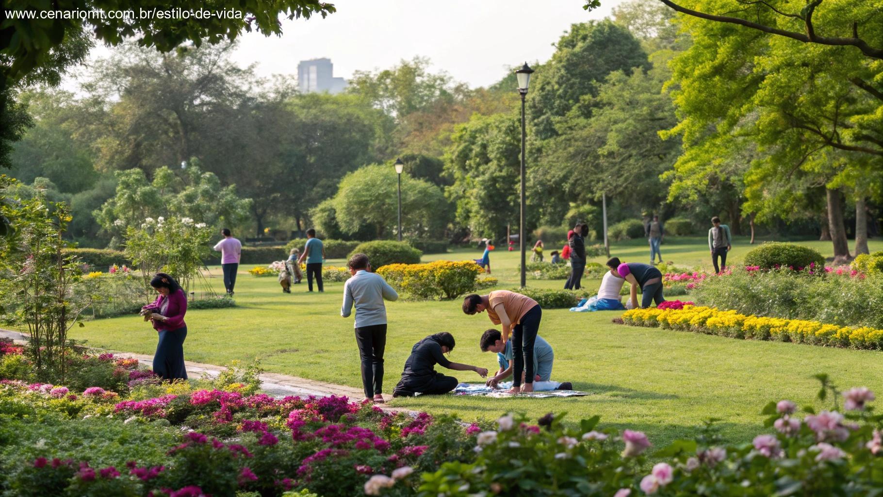 Cena animada de pessoas ajudando umas às outras em um parque, espalhando positividade e boas energias, rodeadas por verde e flores.