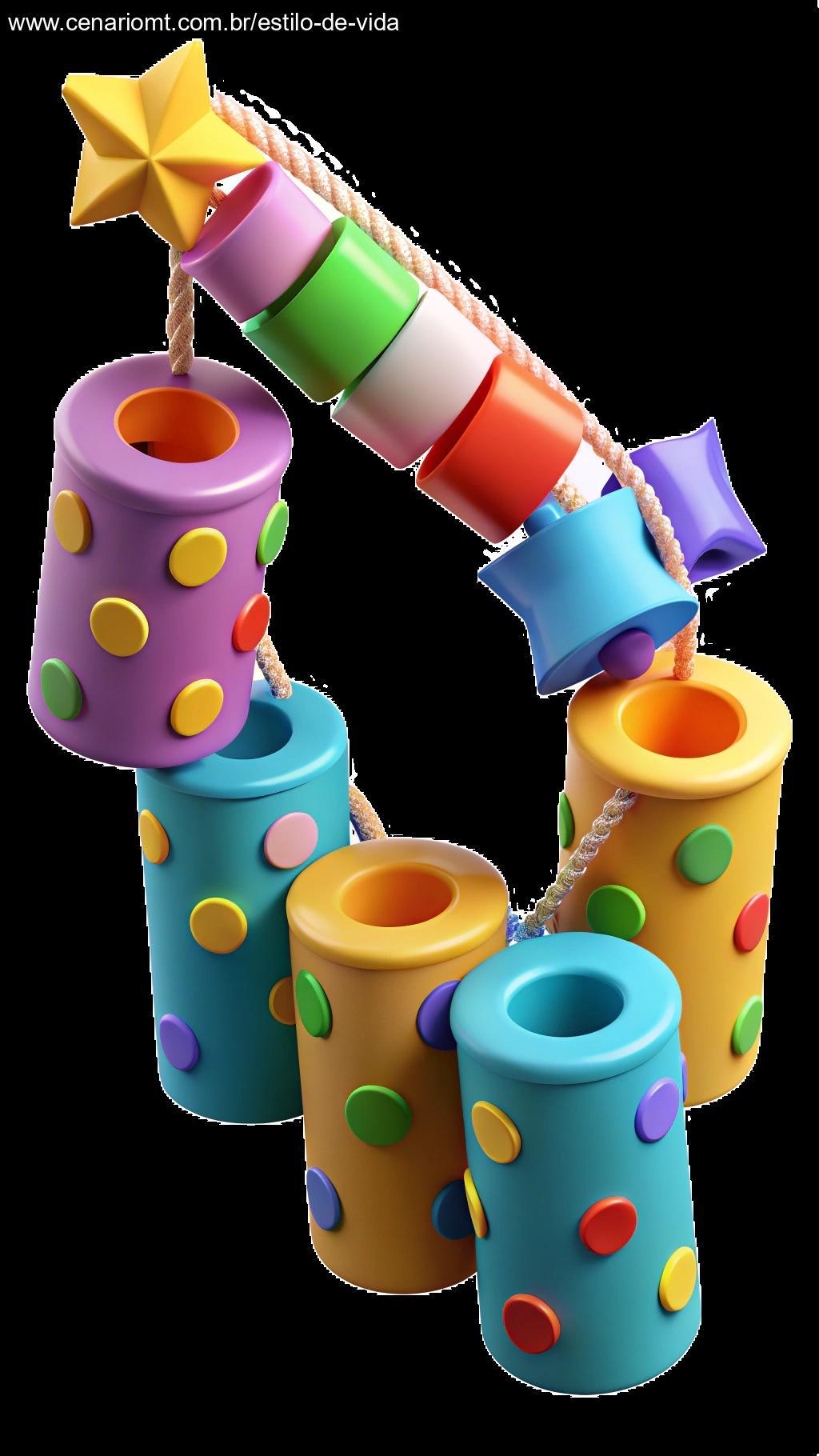 Guirlandas feitas de rolos de papel higiênico, decoradas com cores brilhantes para uma festa infantil.
