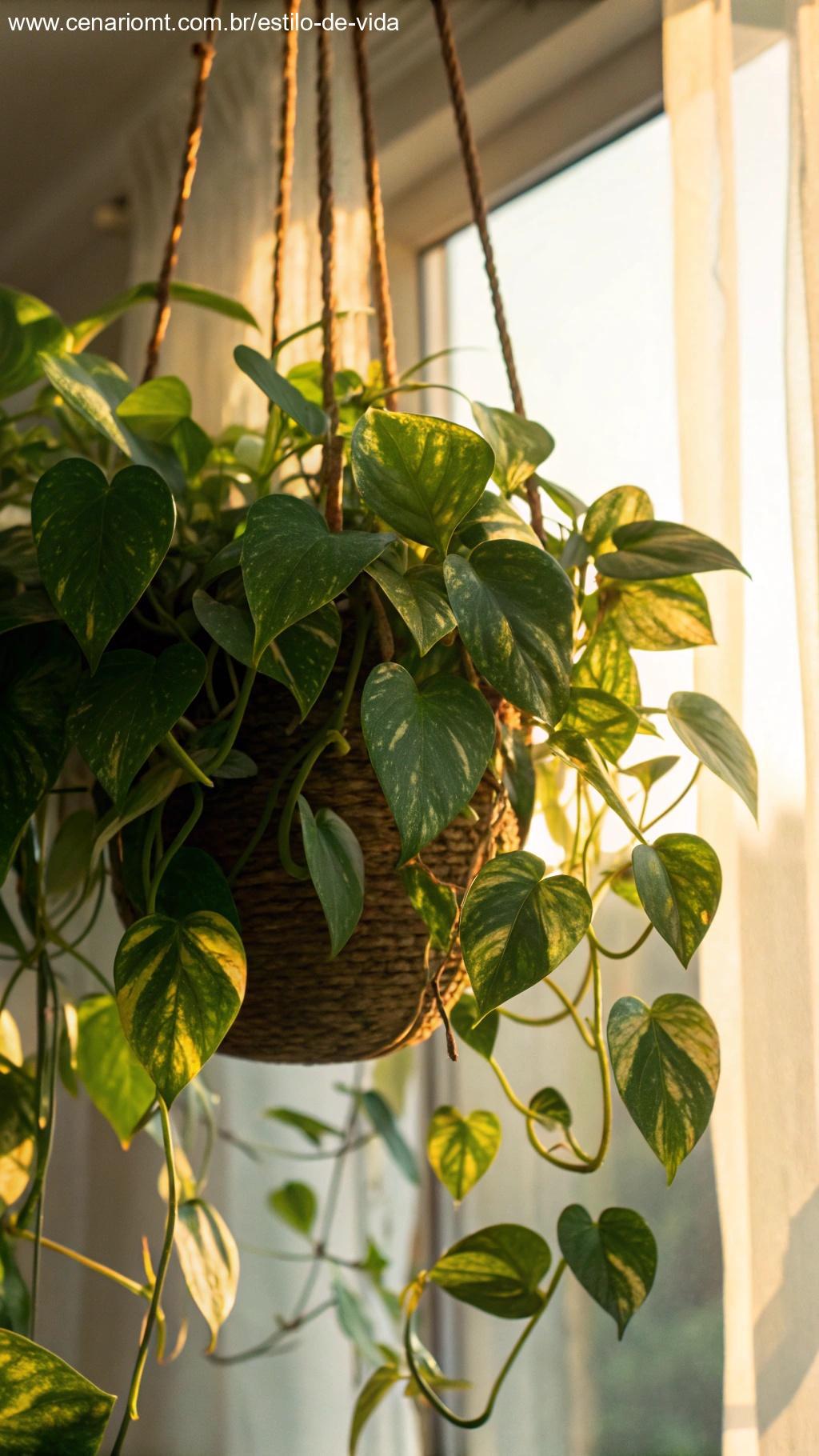 Planta Jiboia com folhas em forma de coração pendurada em um vaso