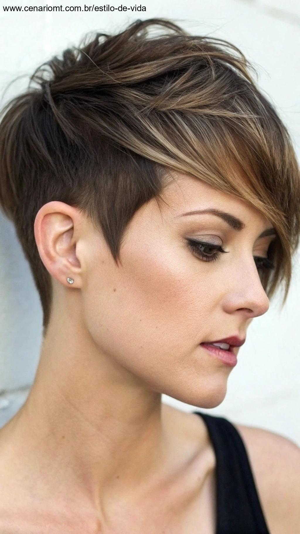 Estilo de cabelo curto com franja assimétrica, trazendo um toque moderno ao visual.