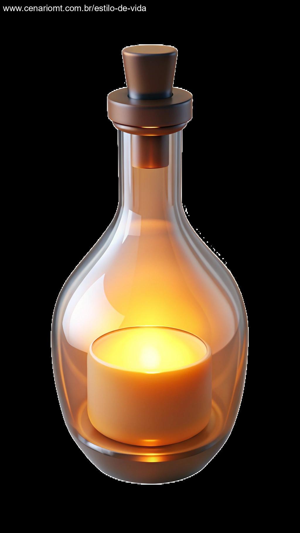 Luminária criativa de garrafa de vidro, iluminada suavemente com uma luz aconchegante e quente, ideal para decoração de casa.
