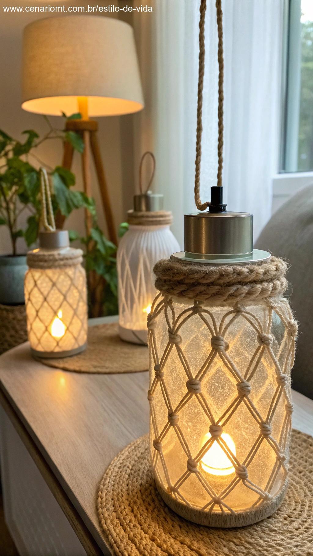 Luminárias artesanais feitas de potes de vidro, criando uma atmosfera acolhedora com iluminação suave e elementos de design modernos.