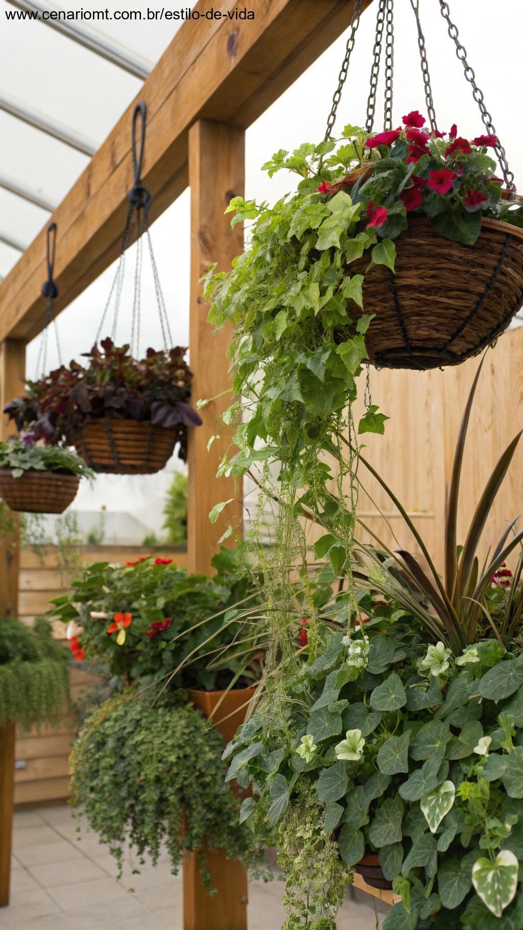 Use diferentes tipos de plantas para suspender, mostrando uma variedade de plantas como hera, suculentas e plantas com flores em cachepots suspensos.