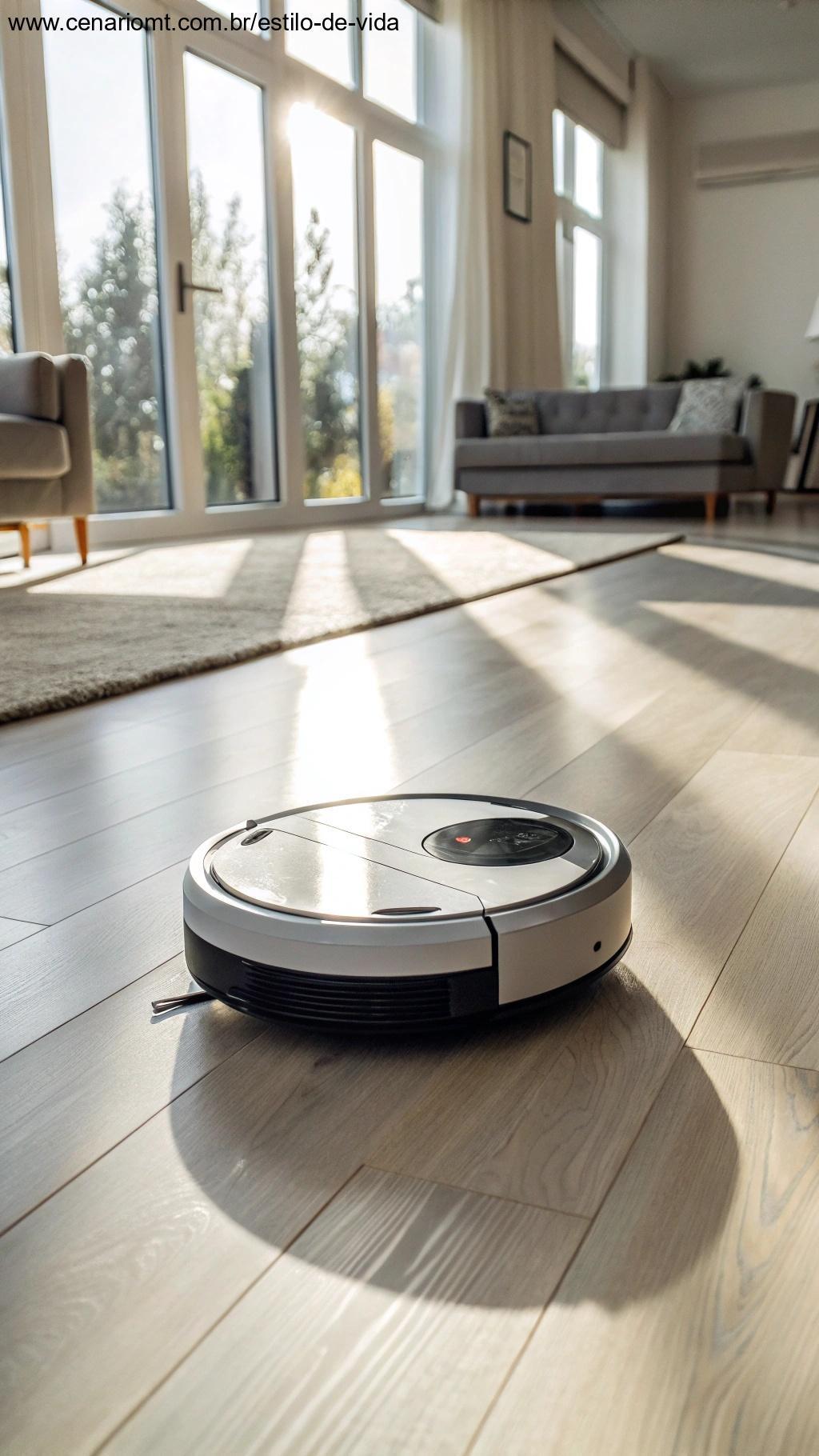Robô aspirador trabalhando em um piso de madeira