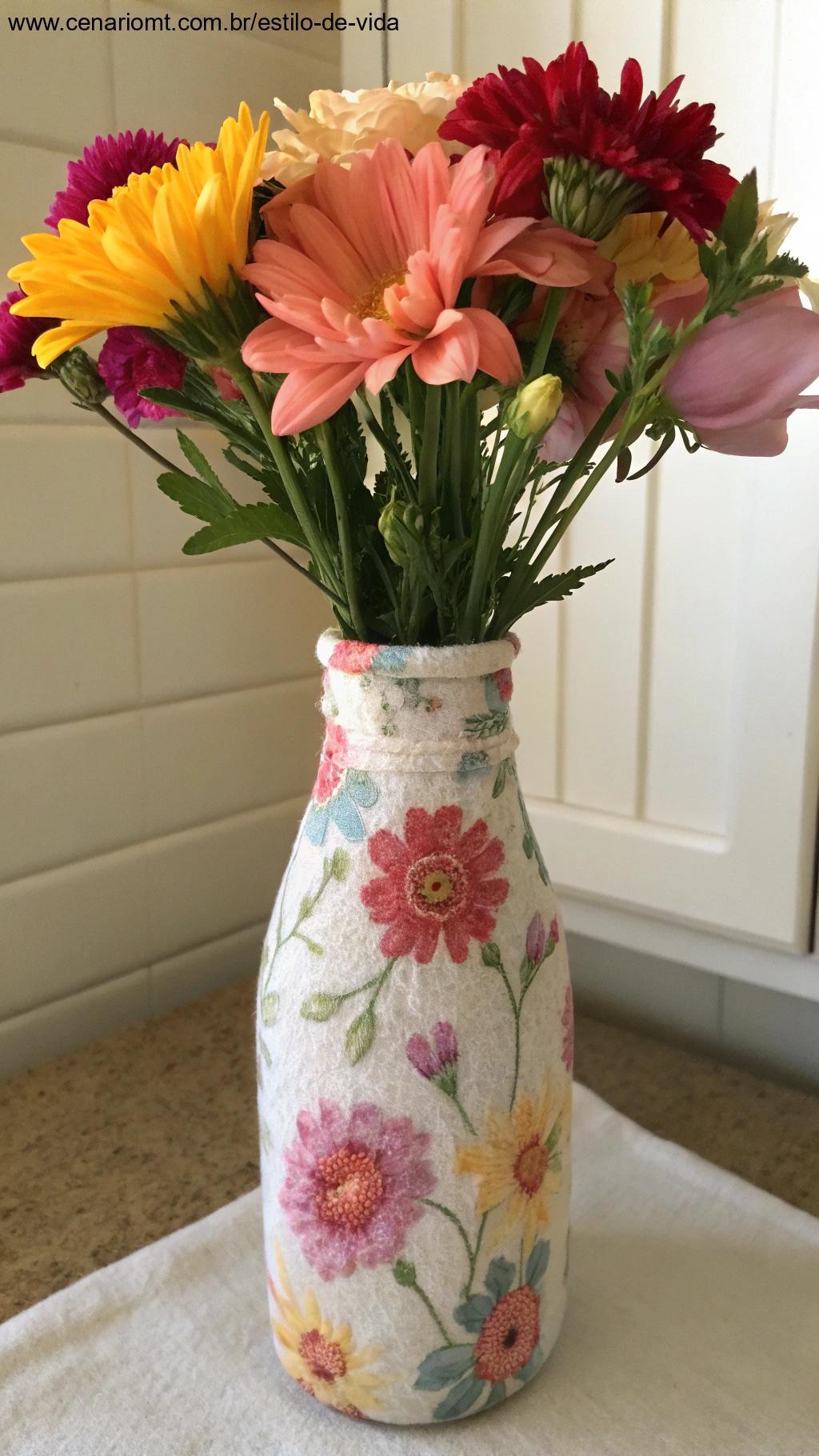 Vaso de flores feito com embalagem de amaciante