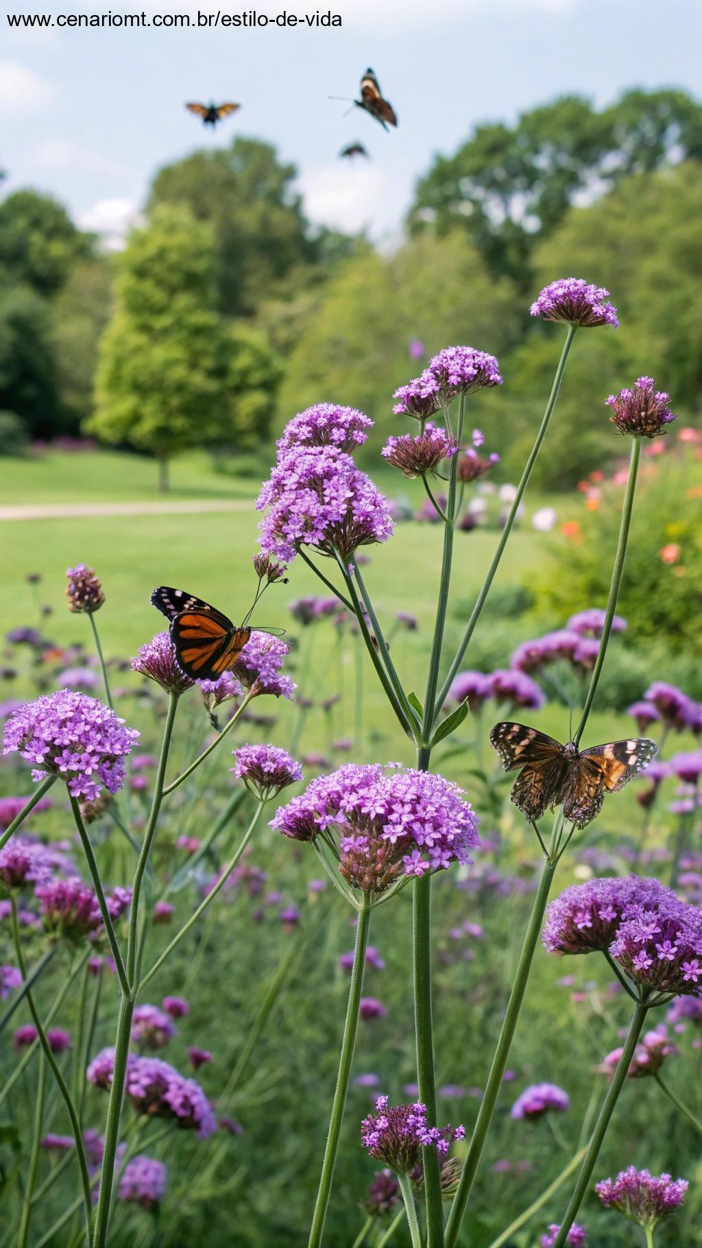 Flores de verbena roxas em jardim de borboletas