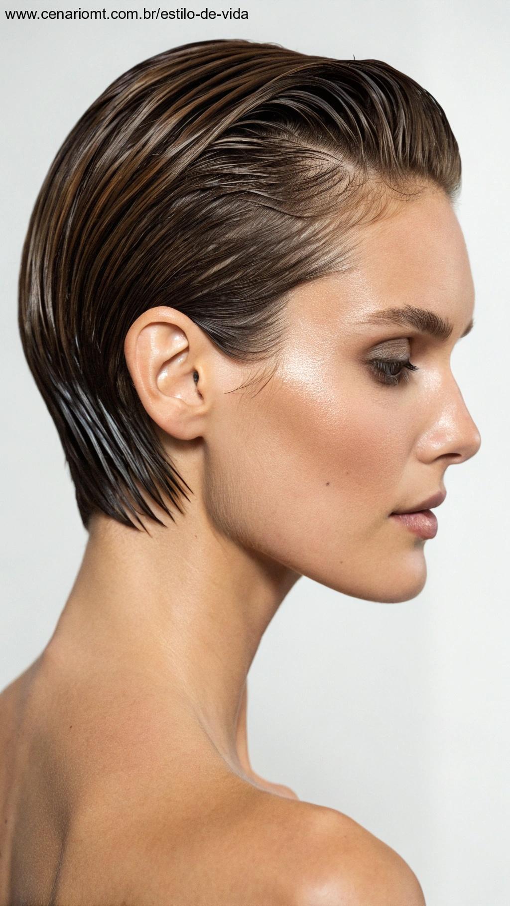 Estilo de cabelo curto com look molhado, com textura lisa e brilhante.