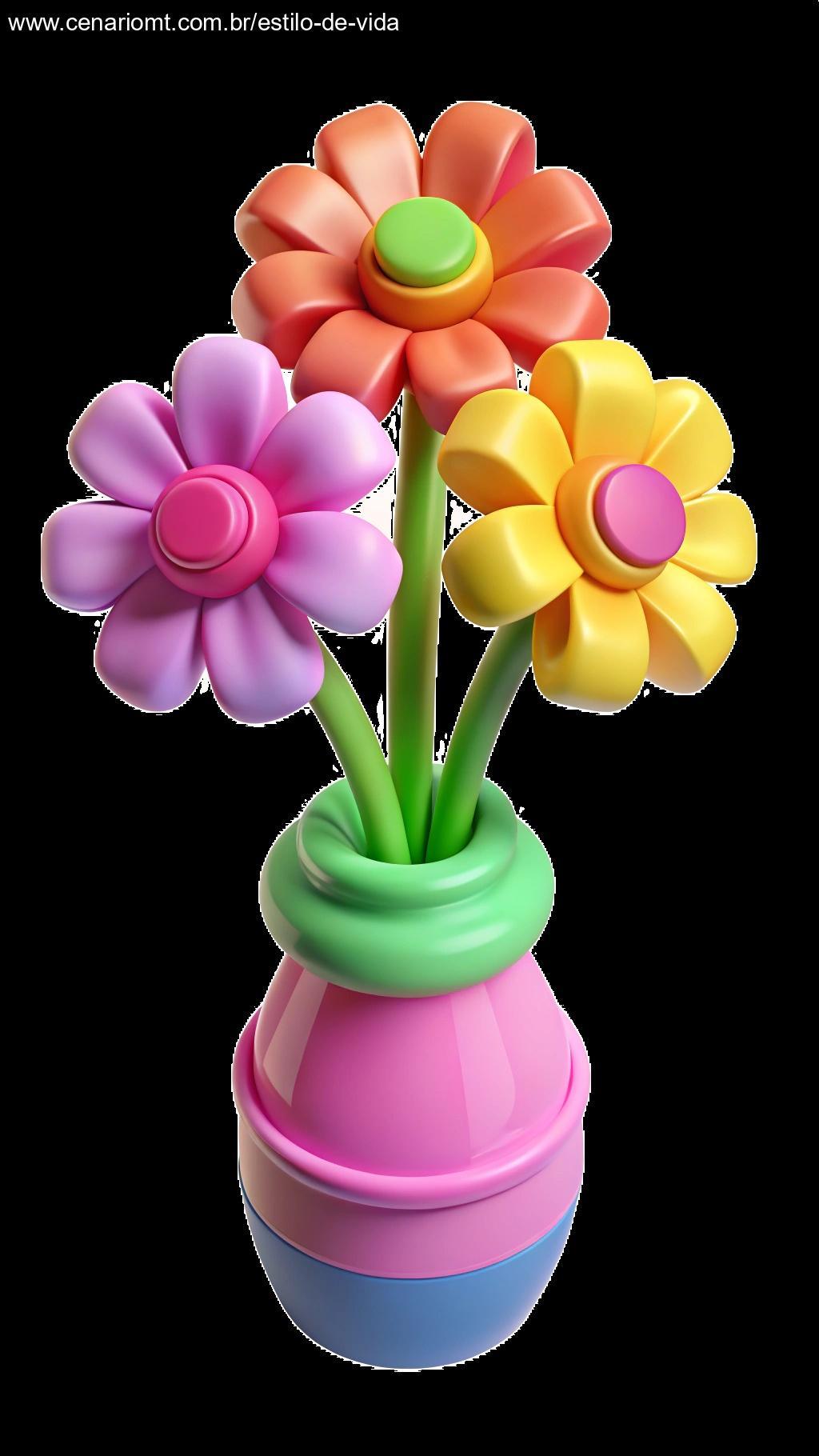 Flores feitas de garrafas PET, decoradas para uma festa infantil.