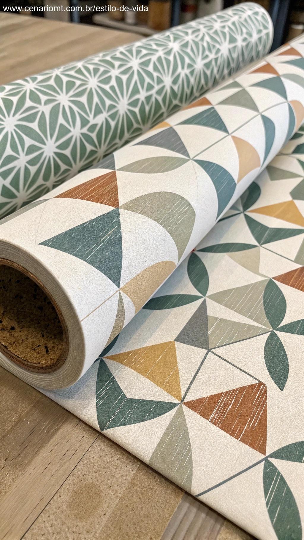 Papel de parede reciclado com padrões geométricos, combinando design moderno com materiais ecológicos.