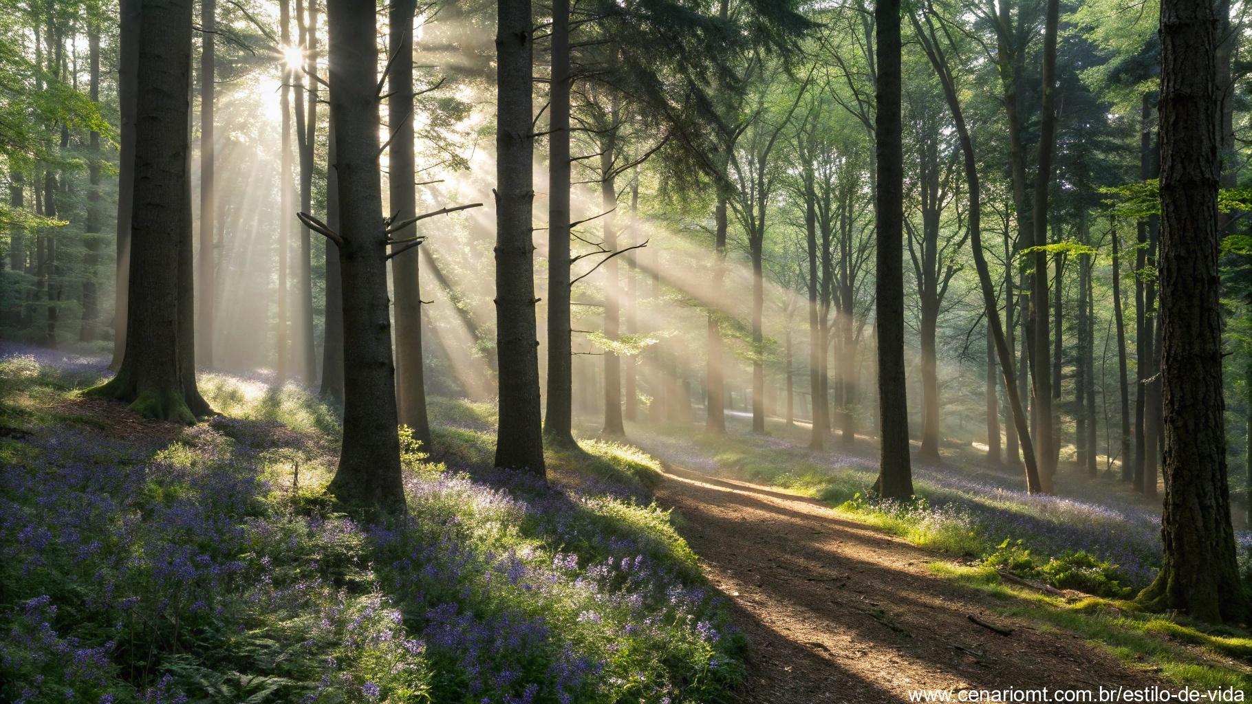 Cena tranquila da floresta com luz do sol filtrando pelas árvores, criando padrões lindos no chão da floresta, evocando paz e reflexão.