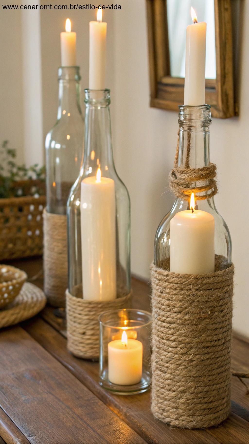 Suportes para velas feitos de garrafas de vidro, com um design elegante e rústico, iluminados por velas que criam uma luz suave em um espaço acolhedor.