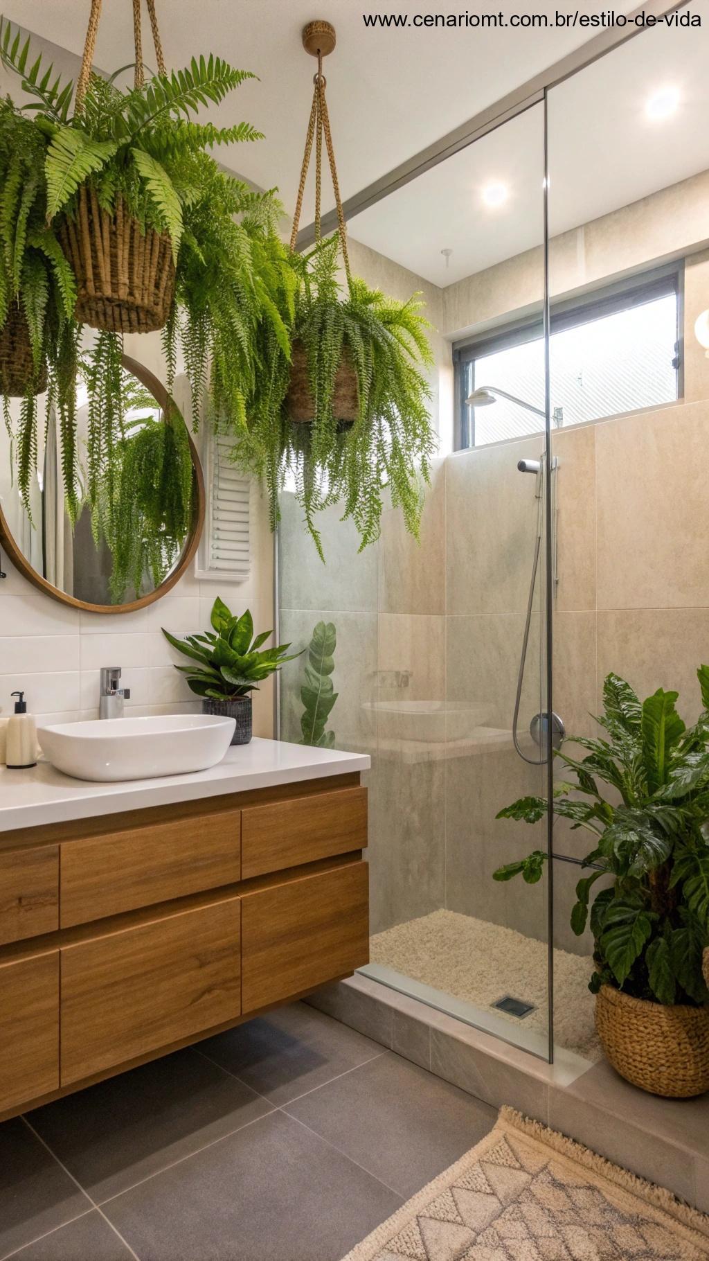 Adicione plantas ao banheiro usando cachepots suspensos em um banheiro pequeno e estiloso com um toque tropical.