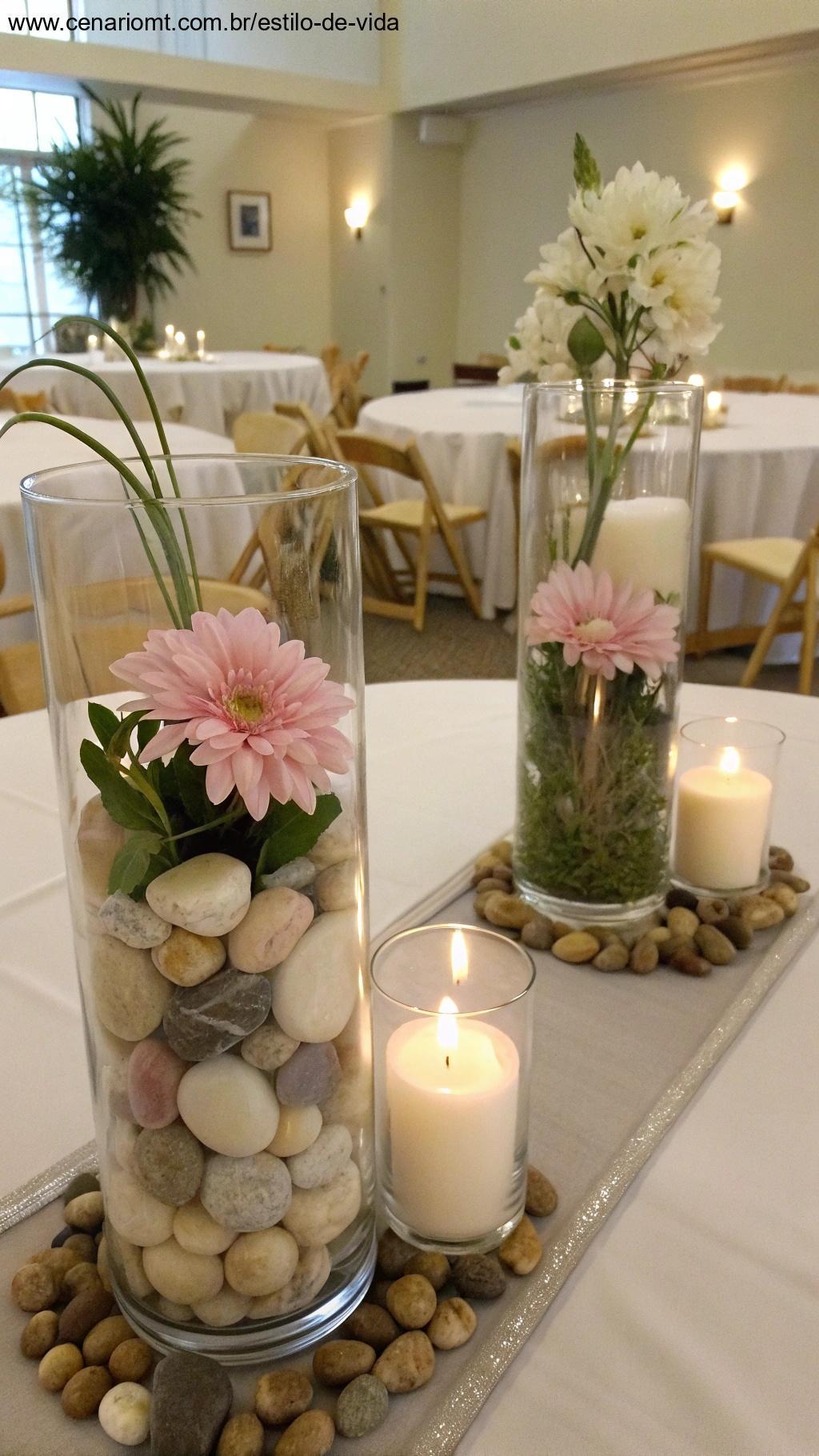 Arranjos de mesa com recipientes de vidro preenchidos com elementos decorativos como flores, pedras e velas, organizados em uma sala de jantar elegante.