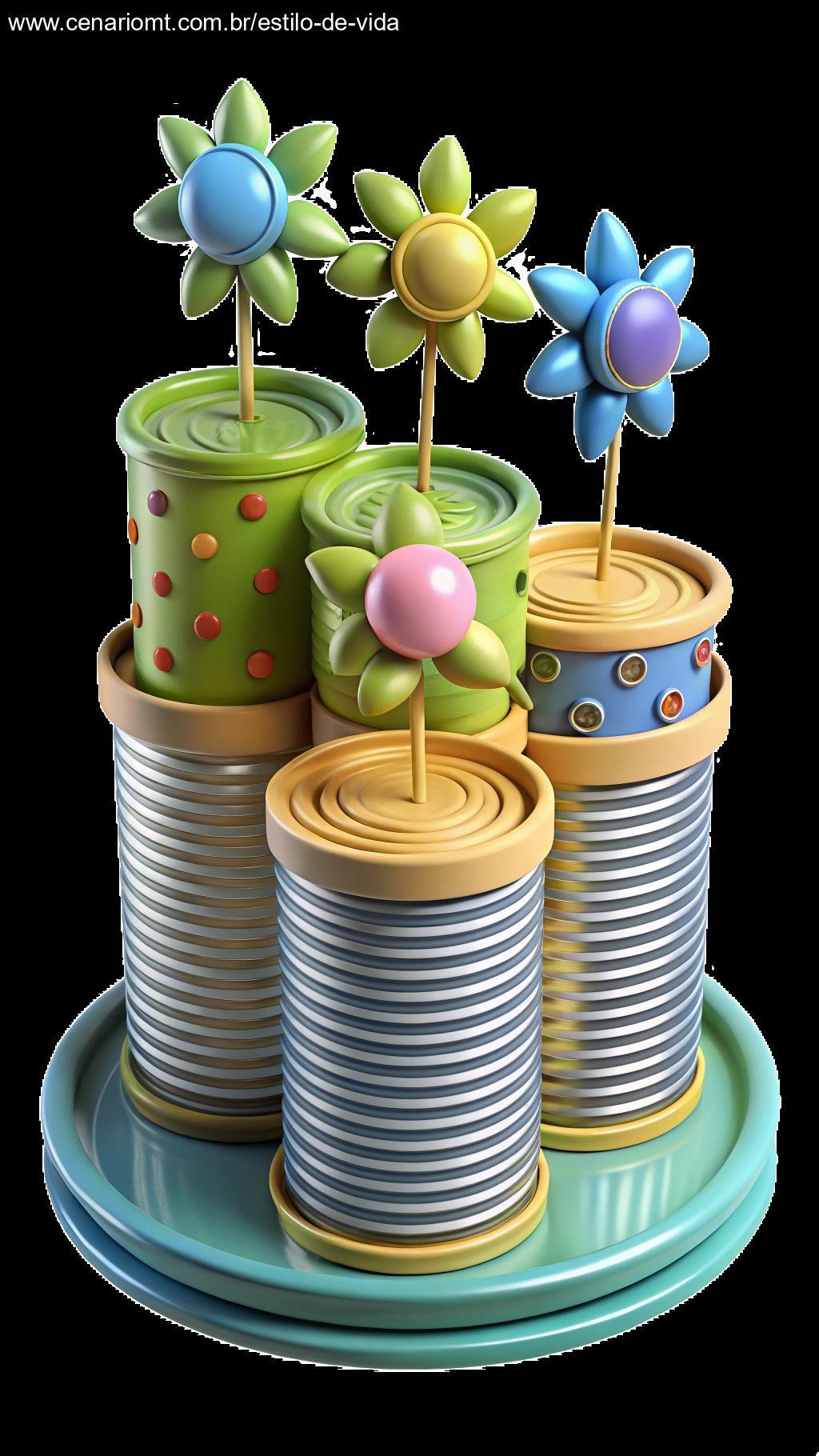 Centros de mesa feitos de latinhas, decorados para uma festa infantil.
