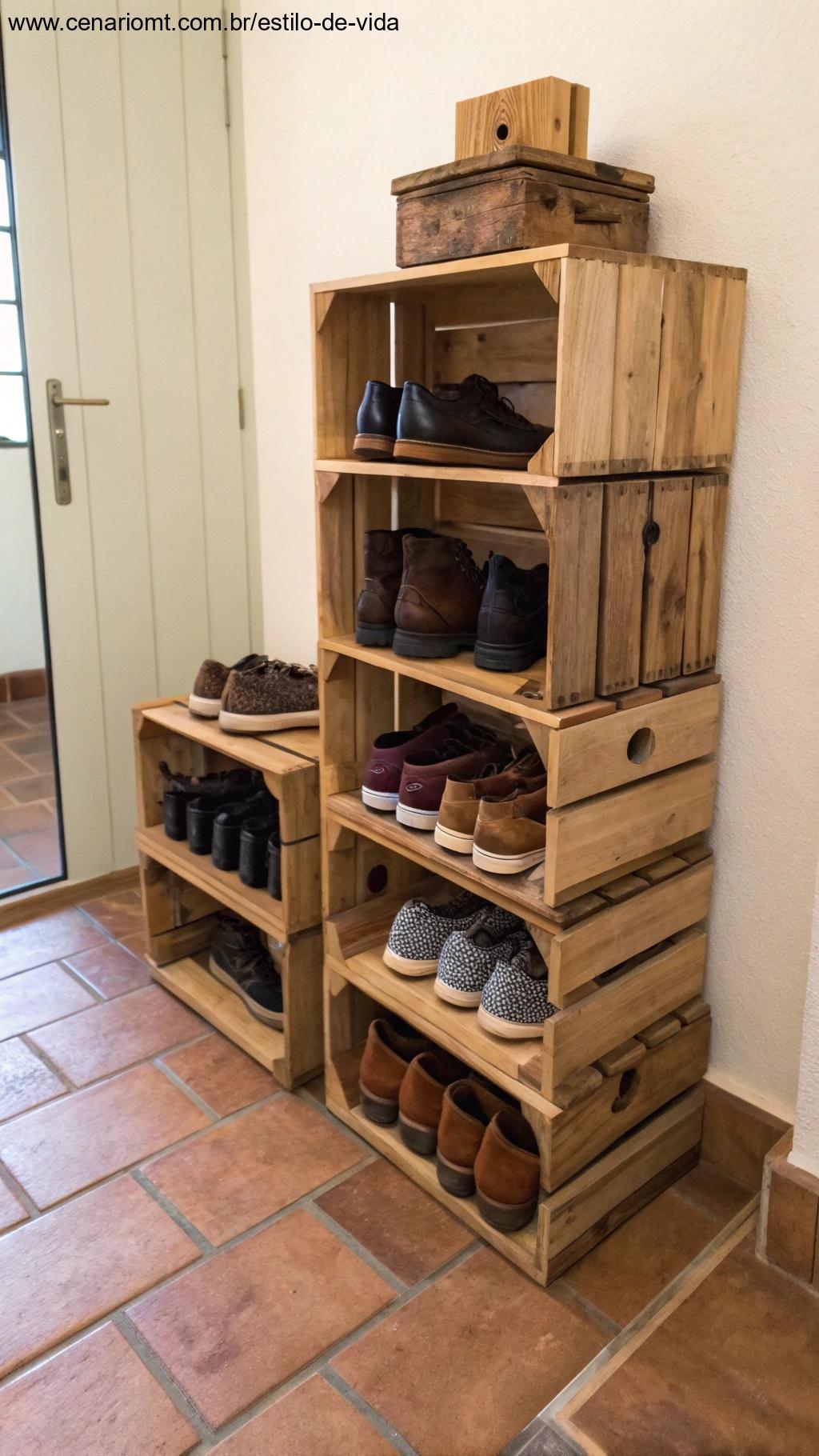Organizador de sapatos feito de caixotes de madeira.