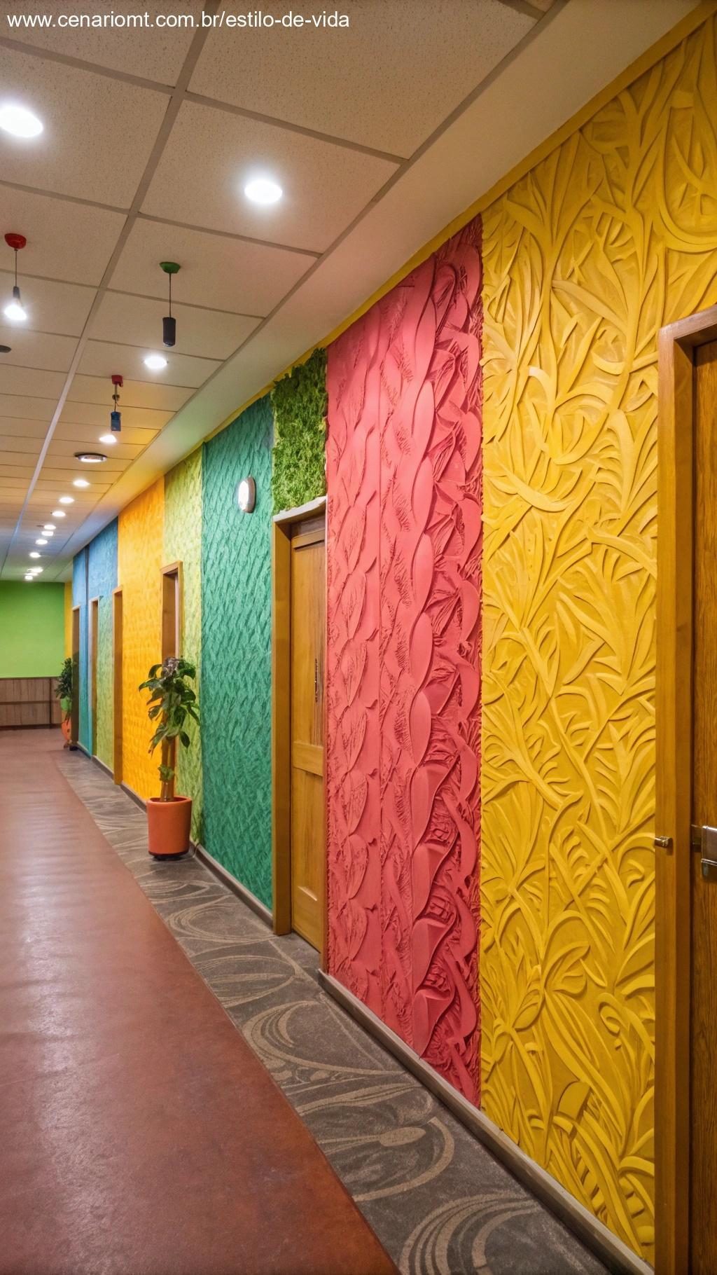 Paredes vibrantes decoradas com papel de parede reciclado, trazendo energia e calor ao espaço.
