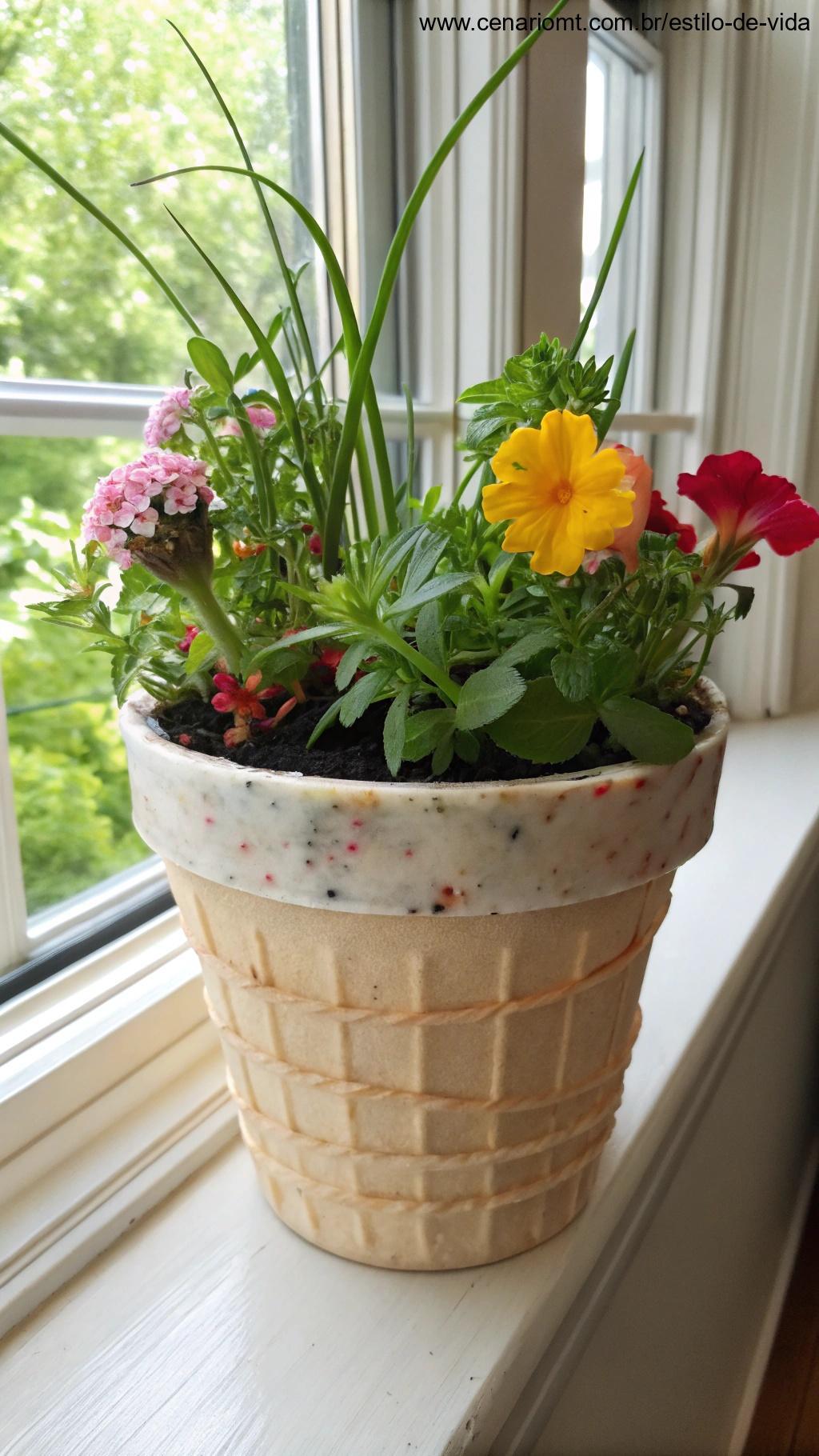 Pote de sorvete como vaso para plantas