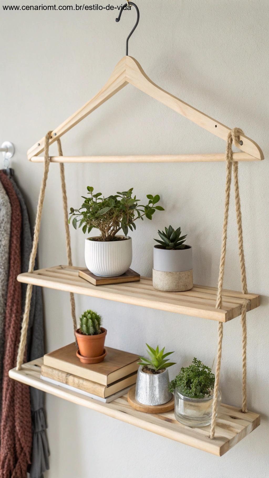 Prateleira suspensa feita com cabides.