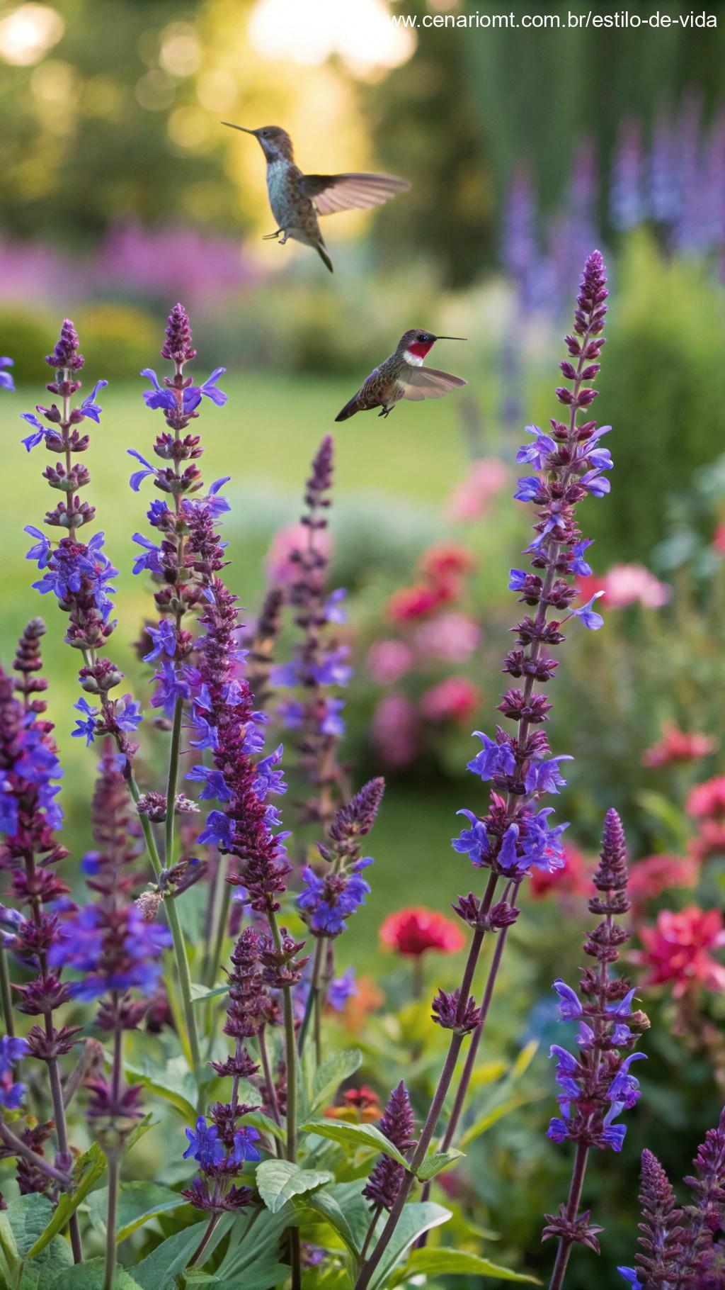 Sálvia roxa e azul em jardim com beija-flores