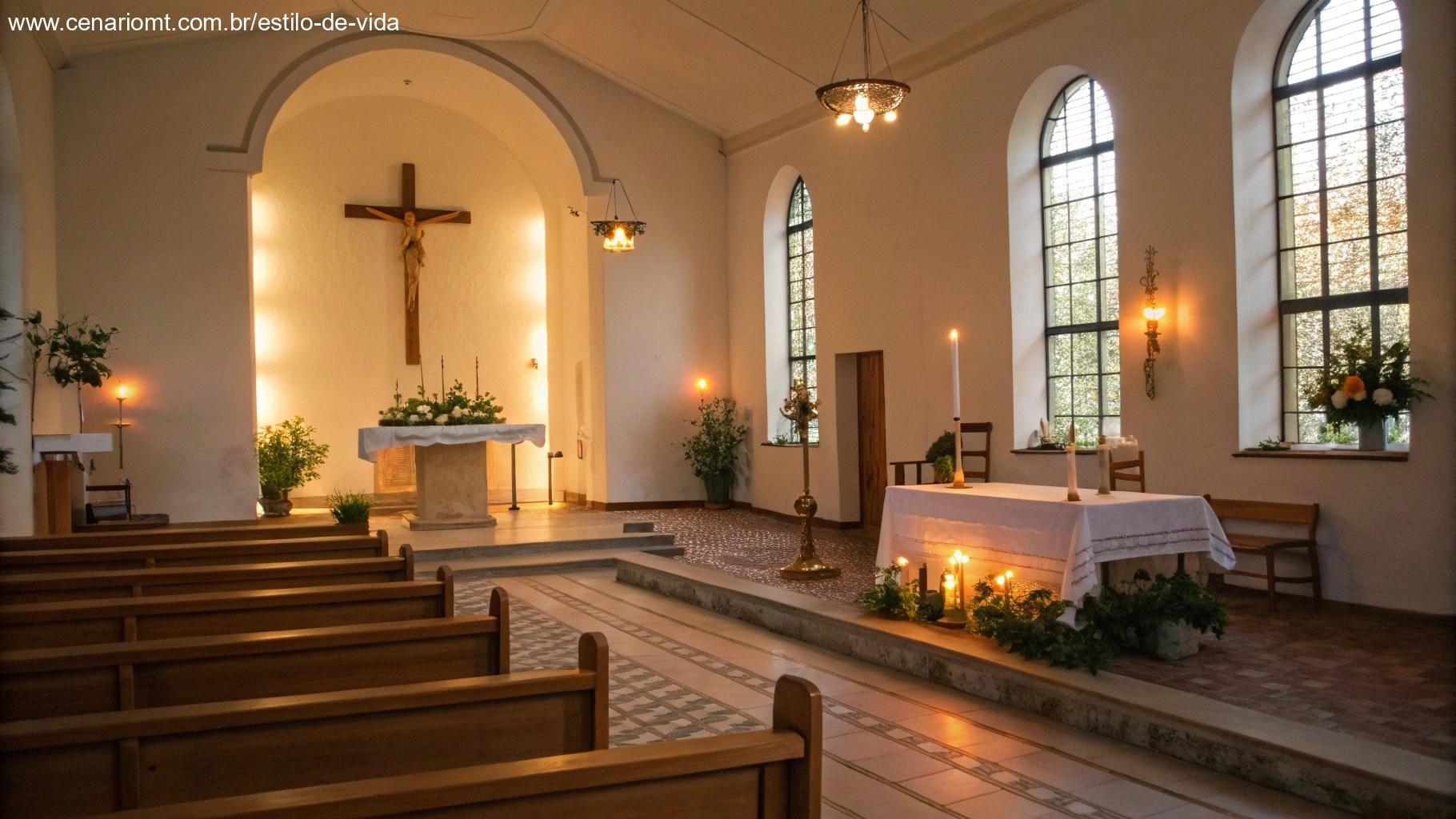 Interior tranquilo de uma igreja com uma luz suave de velas e um ambiente sereno, convidando a um momento de oração e contemplação.