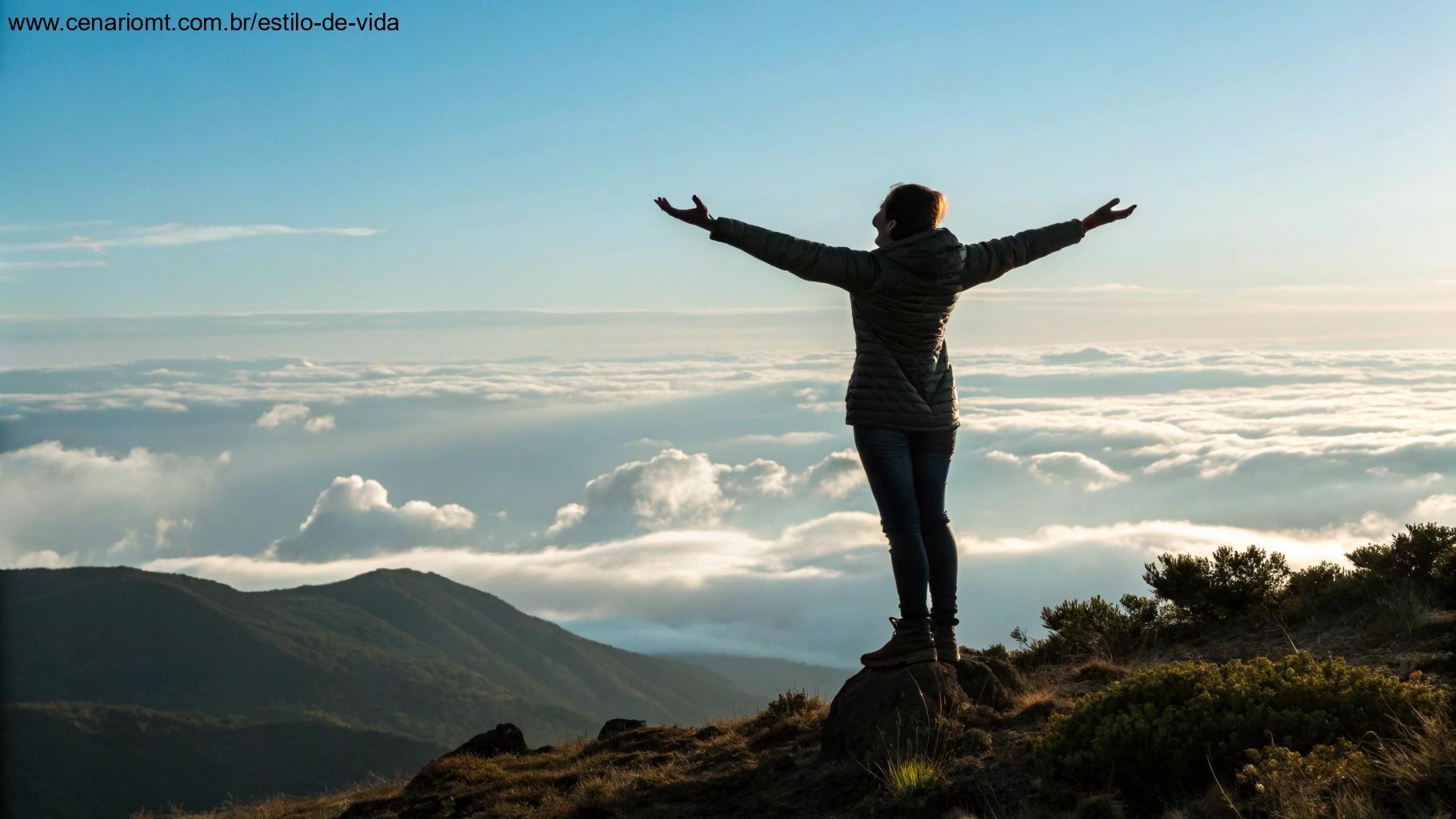 Imagem calma de uma pessoa de braços abertos no topo de uma montanha, abraçando o céu, representando fé e confiança no plano de Deus.