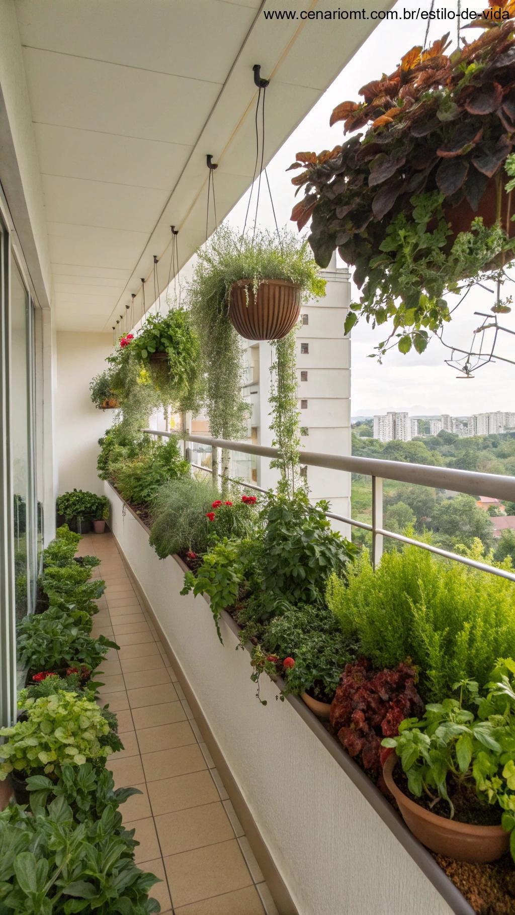 Crie um jardim suspenso na varanda com diversas plantas em cachepots suspensos, transformando o espaço em uma área verde e exuberante.
