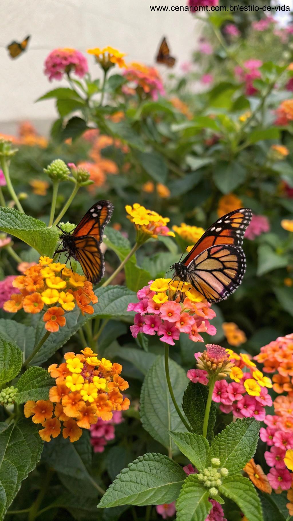 Flores de lantana coloridas com borboletas ao redor